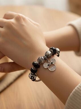 Silver & Black Mickey Charm Beaded Bracelet